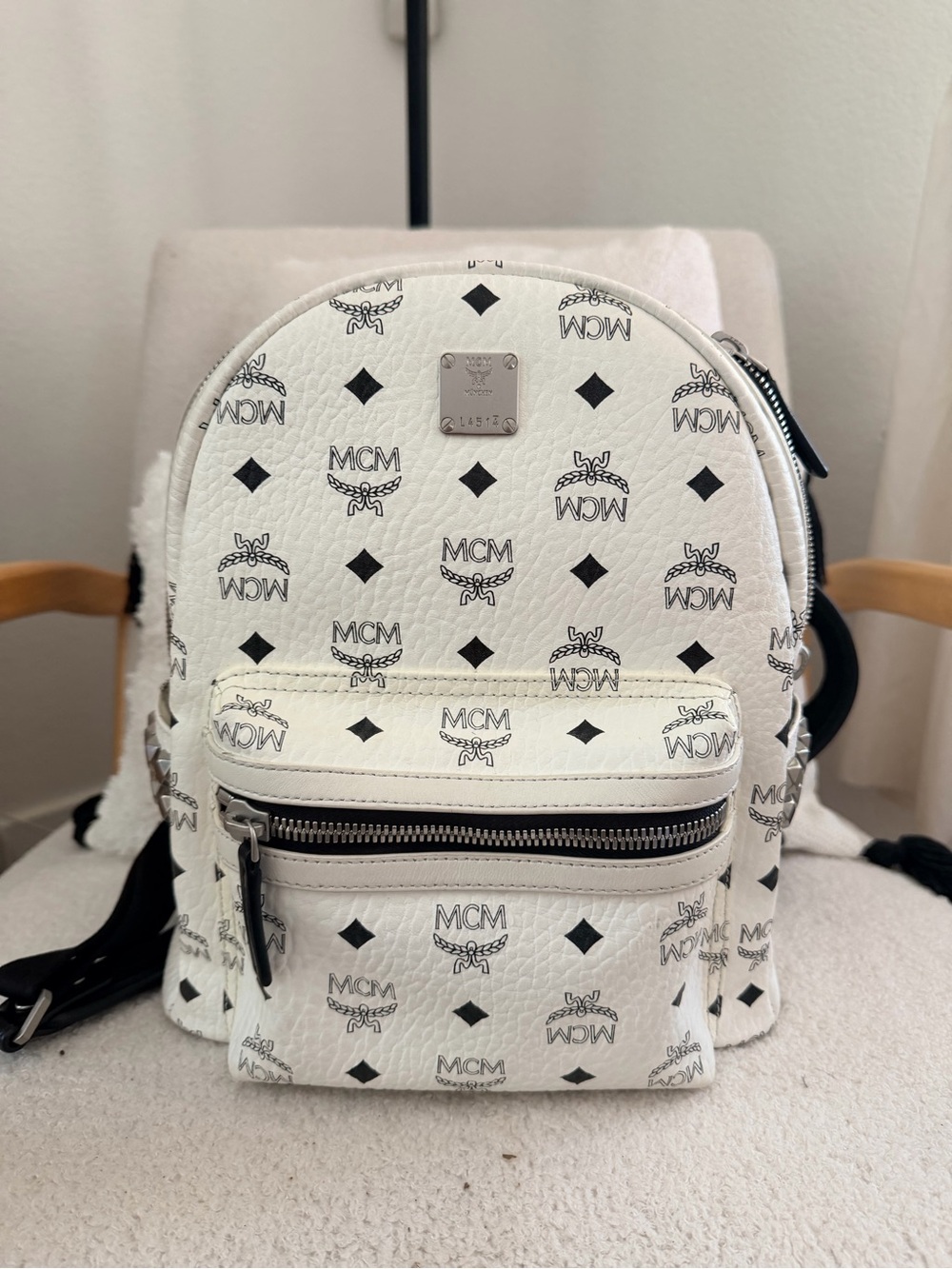 MCM White Logo Print Backpack with Black Accents -Authentic